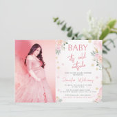 Roze wintersneeuwvlok baby shower fotouitnodiging kaart (Staand voorkant)