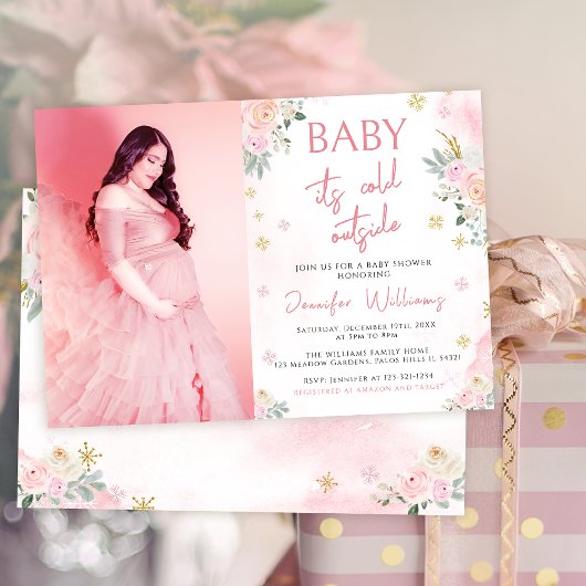 Roze wintersneeuwvlok baby shower fotouitnodiging kaart