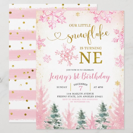 Roze wintersneeuwvlok eerste uitnodiging op zaterd (Voorkant / Achterkant)
