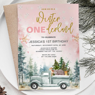 Roze Wintertruck Onederland Forest 1e verjaardag Kaart