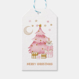 Roze wintervakantie snoep katoen beer cadeaulabel