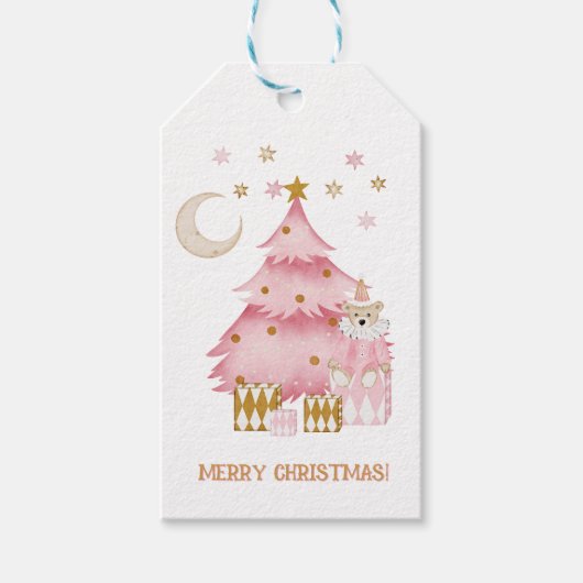 Roze wintervakantie snoep katoen beer cadeaulabel (Voorkant)