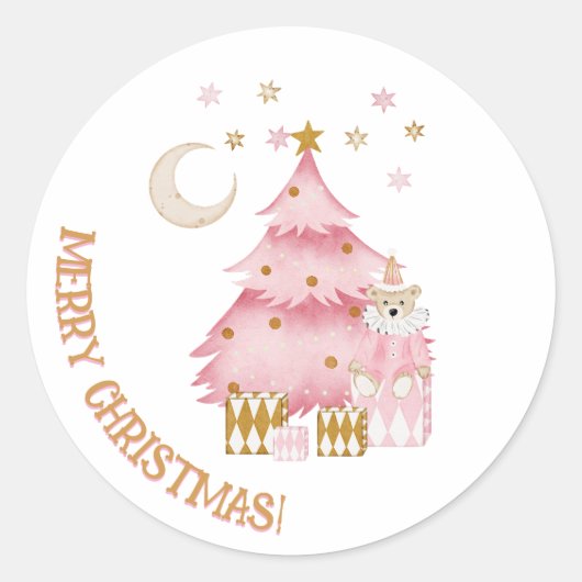 Roze wintervakantie snoep katoen beer ronde sticker (Voorkant)