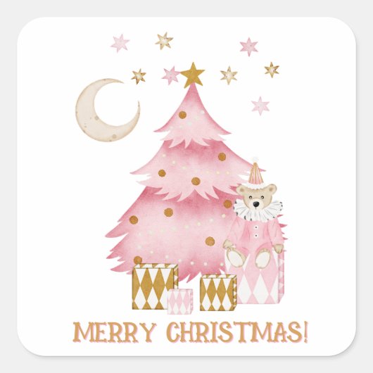 Roze wintervakantie snoep katoen beer vierkante sticker (Voorkant)