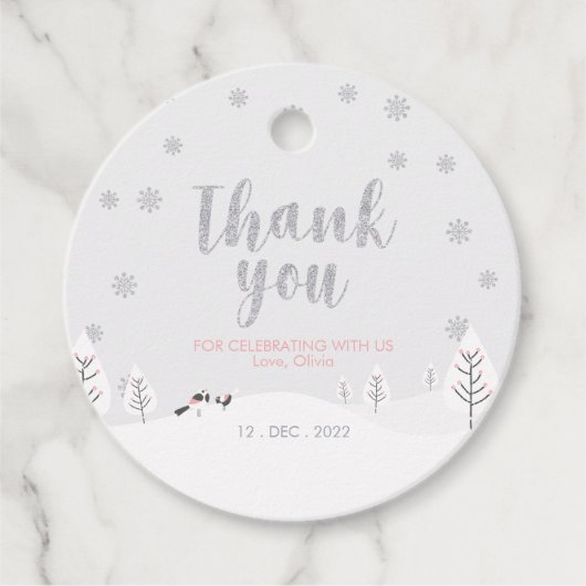 Roze winterwonderland, Girl Baby shower/Sprinkle Bedankjes Labels (Voorkant)