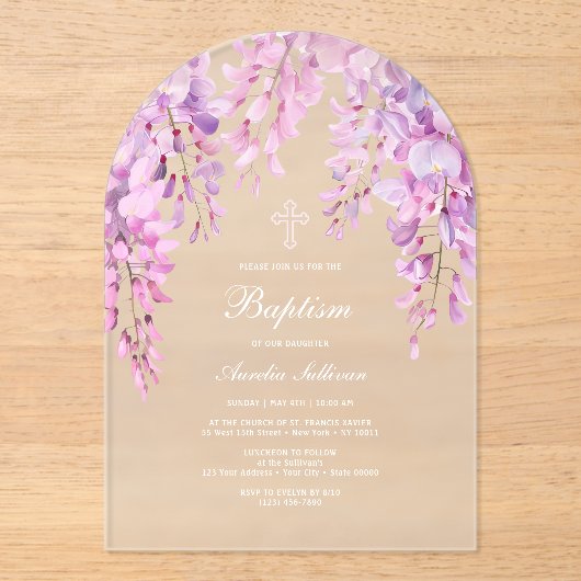 Roze Wisteria Doop Acryl Uitnodigingen (Voorkant)
