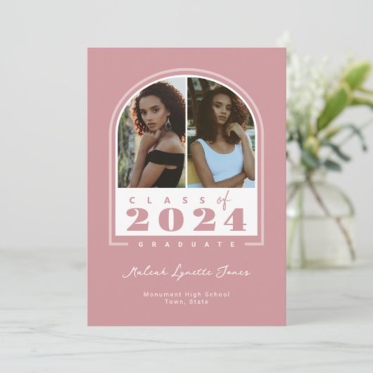 Roze Wit 2024 Modern Arch Foto Afstuderen Aankondiging (Staand voorkant)