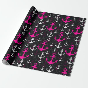 Roze wit anker met zwarte achtergrond cadeaupapier