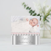 Roze Wit Baby Meisje Foto Doop Kaart (Staand voorkant)