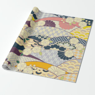 Roze Wit Blauw Japans Kimono Bloemen Decoupage Cadeaupapier