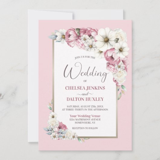 Roze Wit Bloemen Bruiloft Kaart (Voorkant)