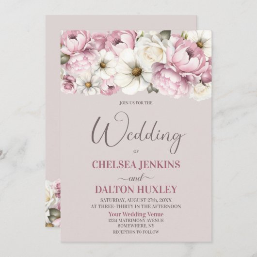 Roze Wit Bloemen Bruiloft Kaart (Voorkant / Achterkant)