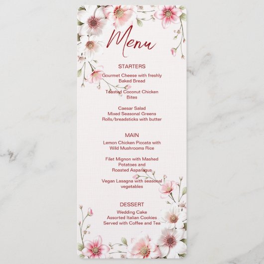 Roze Wit Bloemen Bruiloft Menu (Voorkant)