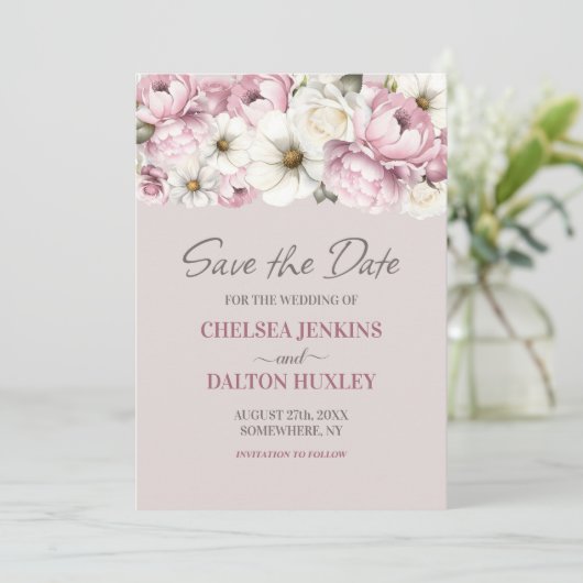 Roze Wit Bloemen Bruiloft Save the Date (Staand voorkant)