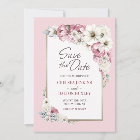 Roze Wit Bloemen Bruiloft Save the Date (Voorkant)