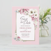 Roze Wit Bloemen Bruiloft Save the Date (Staand voorkant)