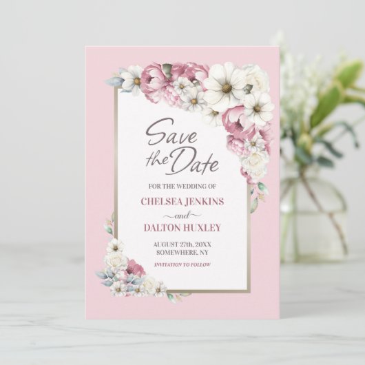 Roze Wit Bloemen Bruiloft Save the Date (Staand voorkant)
