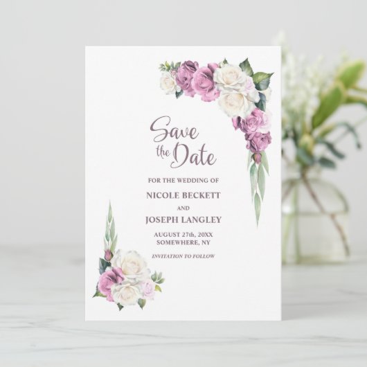Roze Wit Bloemen Bruiloft Save the Date (Staand voorkant)