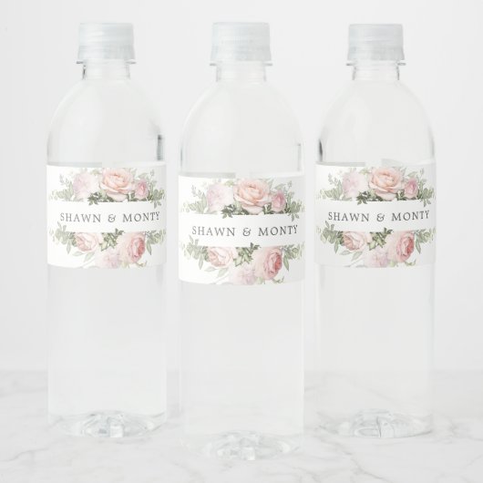 Roze Wit Bloemen Bruiloft Waterfles Etiket (Flessen)