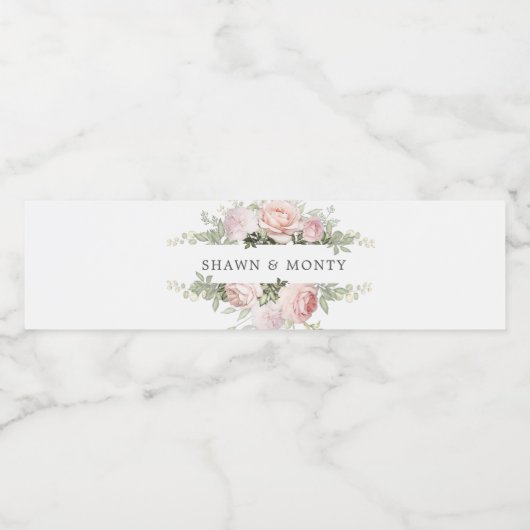 Roze Wit Bloemen Bruiloft Waterfles Etiket (Enkel label)