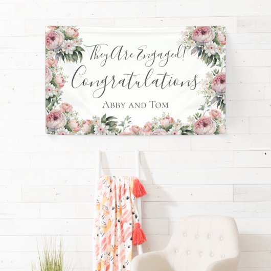 Roze Wit Bloemen Elegant Verloving Banner (Insitu)