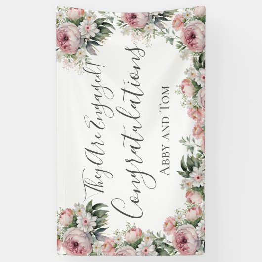 Roze Wit Bloemen Elegant Verloving Banner (Verticaal)