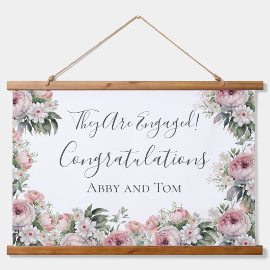 Roze Wit Bloemen Elegant Verloving Banner Hangend Wandkleed (Voorkant)