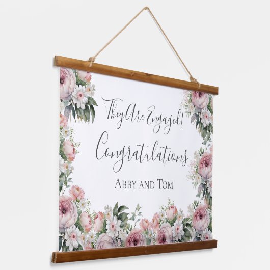 Roze Wit Bloemen Elegant Verloving Banner Hangend Wandkleed (Gebogen)