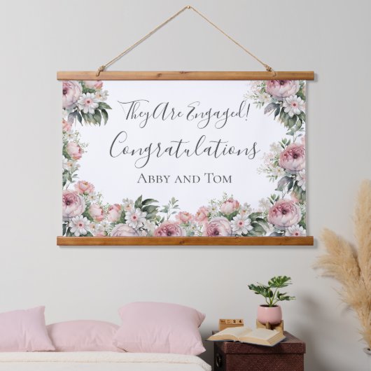 Roze Wit Bloemen Elegant Verloving Banner Hangend Wandkleed (Slaapkamer)