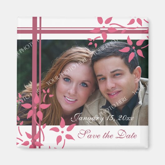 Roze & Wit Bloemen Foto Save the Date Magnet (Voorkant)