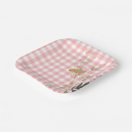 Roze Wit Bloemen Gingham Plaid Landhuis Papieren Bordje (Gebogen)