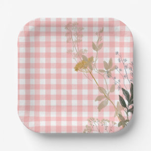 Roze Wit Bloemen Gingham Plaid Landhuis Papieren Bordje