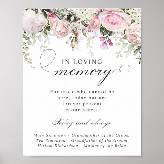 Roze Wit Bloemen Memorial Trouwbord Poster (Voorkant)