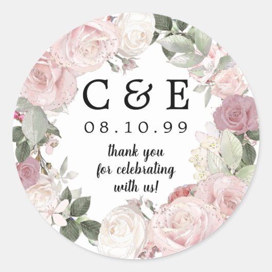 Roze Wit Bloemen Monogrammed Bruiloft Dank u Ronde Sticker (Voorkant)