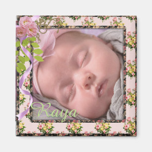 Roze & Wit  Bloemen Nieuwe Baby Fotomagneet Magneet