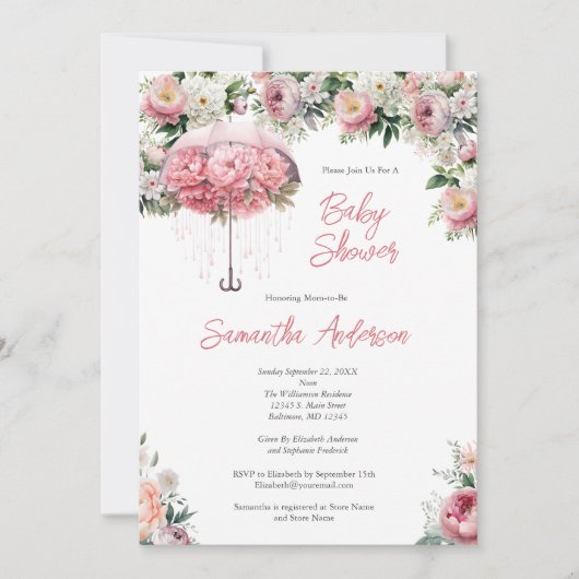 Roze Wit Bloemen Paraplu Meisje Baby shower Kaart (Voorkant)