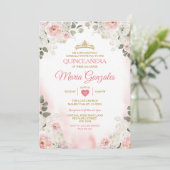 Roze & Wit Bloemen Quinceañera Gouden Kroon Mexica Kaart (Staand voorkant)