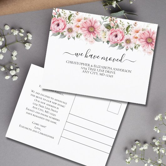 Roze Wit Bloemen Script Bewegen Aankondigingskaart