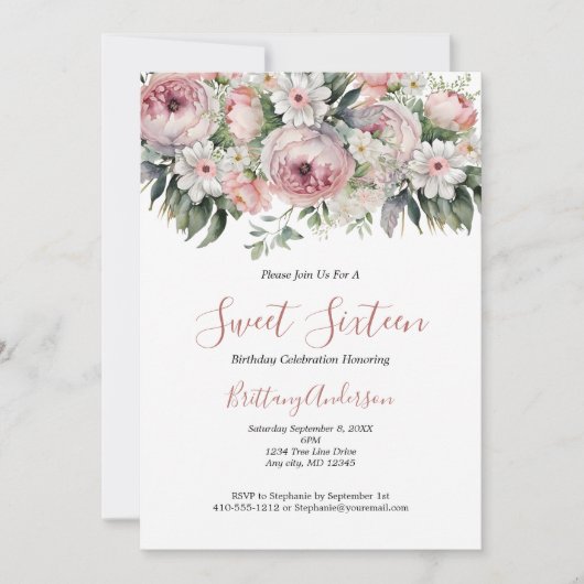 Roze Wit Bloemen Zoet Zestien 16 Verjaardag Kaart (Voorkant)