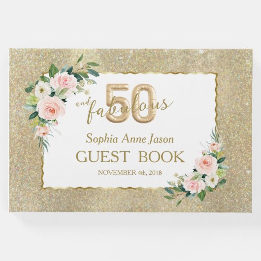 Roze Wit Bloemengoud 50 en Fabulous Verjaardag Gastenboek (Voorkant)