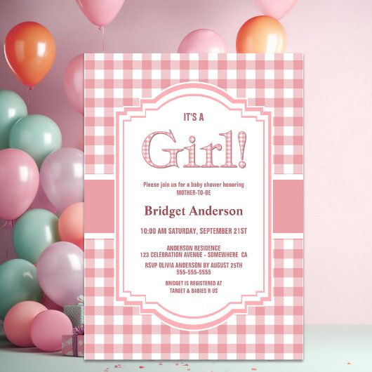 Roze Wit Buffel Plaid Baby shower Kaart