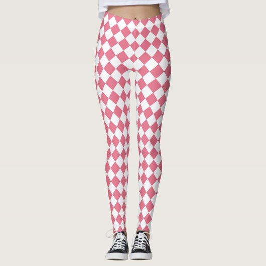 Roze Wit Checker Diamant Patroon Leggings (Voorkant)
