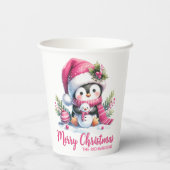 Roze Wit Custom Schattigee Pinguïn Vrolijk Kerstfe Papieren Bekers (Achterkant)