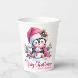 Roze Wit Custom Schattigee Pinguïn Vrolijk Kerstfe Papieren Bekers