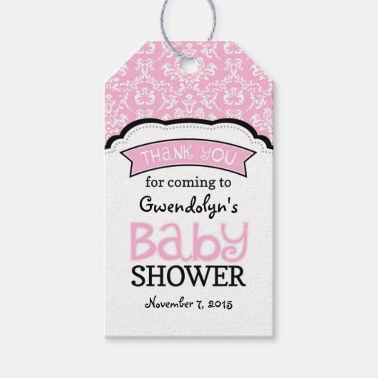 Roze Wit Damask Baby shower Dank u Labels Cadeaulabel (Voorkant)