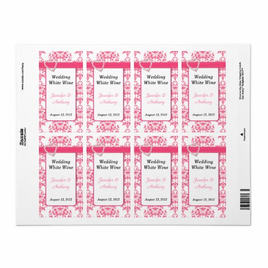  Roze & Wit Damast Bruiloft Wijn Labels (Full Sheet)