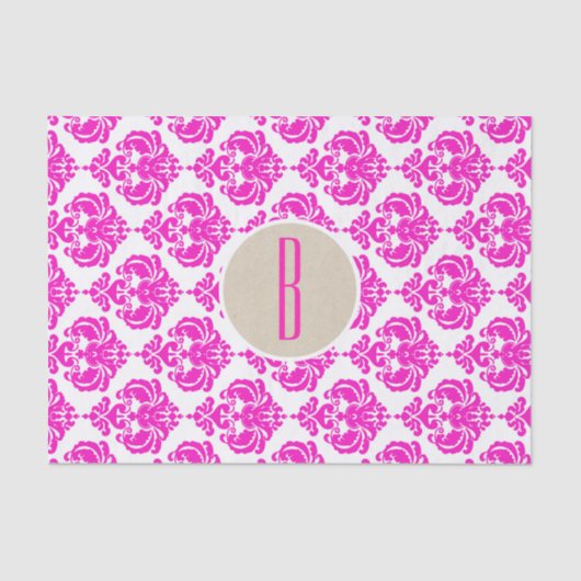 Roze Wit Damast Kraft Monogram Letter Initiaal Tissuepapier (Voorkant)