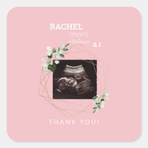Roze Wit Echografie Foto Dank u Baby shower Vierkante Sticker