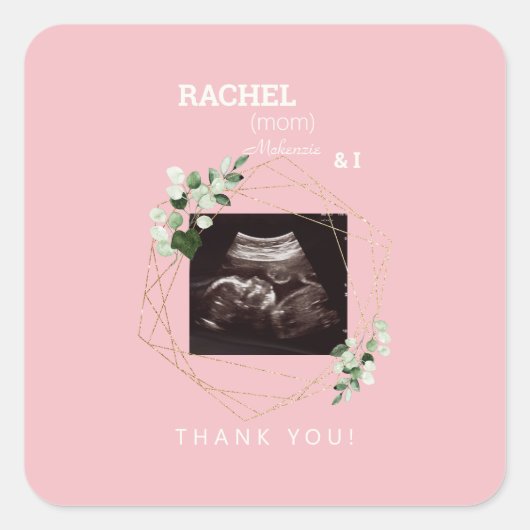 Roze Wit Echografie Foto Dank u Baby shower Vierkante Sticker (Voorkant)