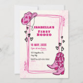 Roze & Wit Eerste Rodeo Meisje Verjaardag Uitnodig Feestdagenkaart (Voorkant)